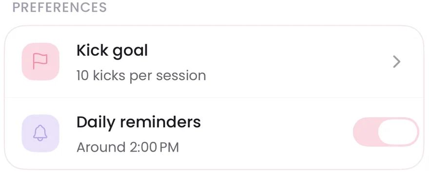 Settings card with a kick goal of 10 kicks per session and daily reminders on, around 2:00 PM