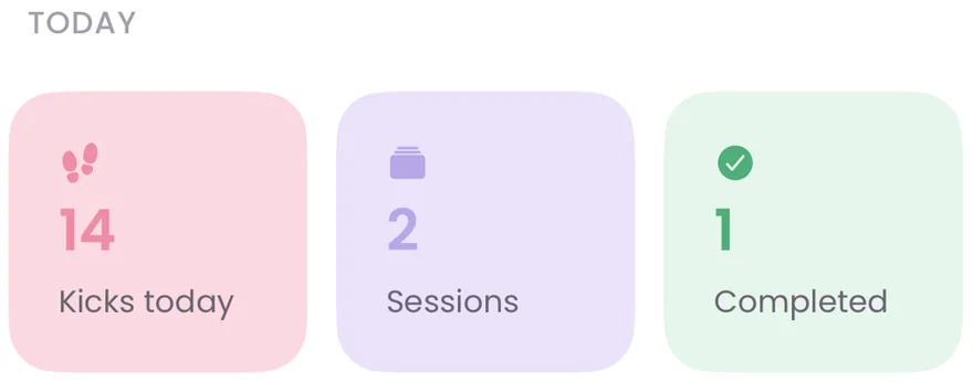 Today summary tiles: 14 kicks today, 2 sessions, 1 completed