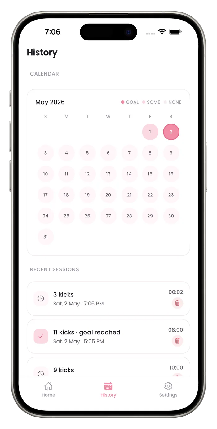 Bumpi Kicks History screen with a May 2026 calendar and a list of recent sessions with times and kick counts