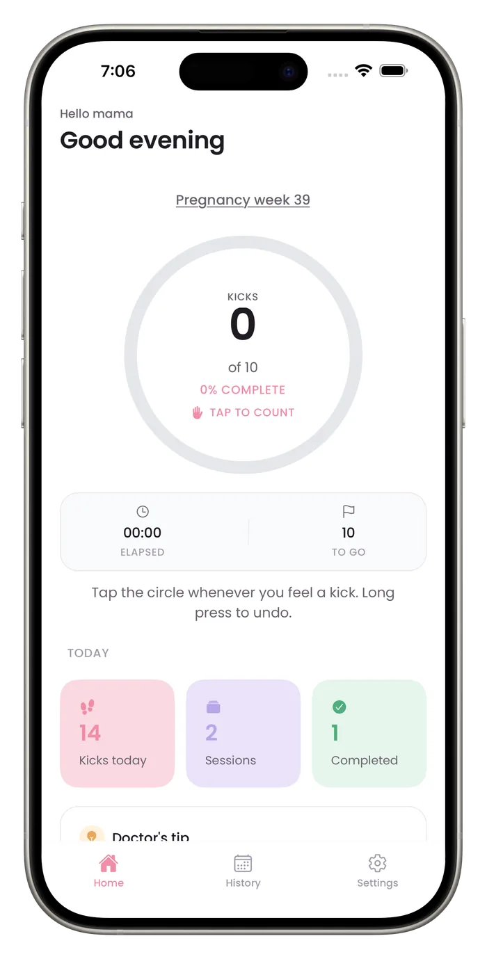 Bumpi Kicks home screen ready to count: 0 of 10 kicks, with a hint to tap the circle and long press to undo